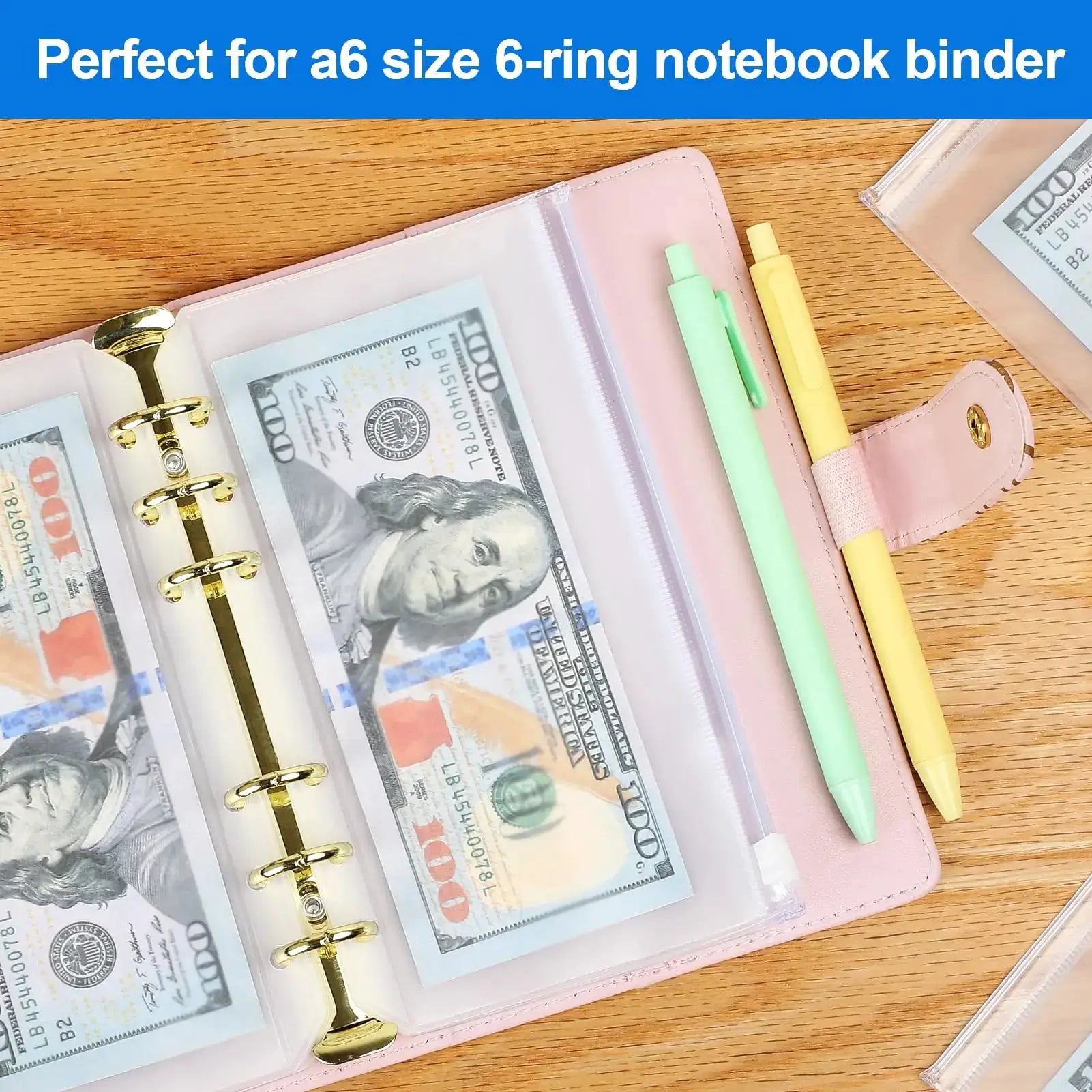 10-pack A6 binder pockets with 6 holes in clear PVC, pink binder with cash and pastel pens