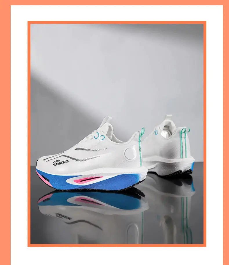 Carbon-plate running shoes, white sneakers with blue and pink sole accents, breathable lightweight training pair.