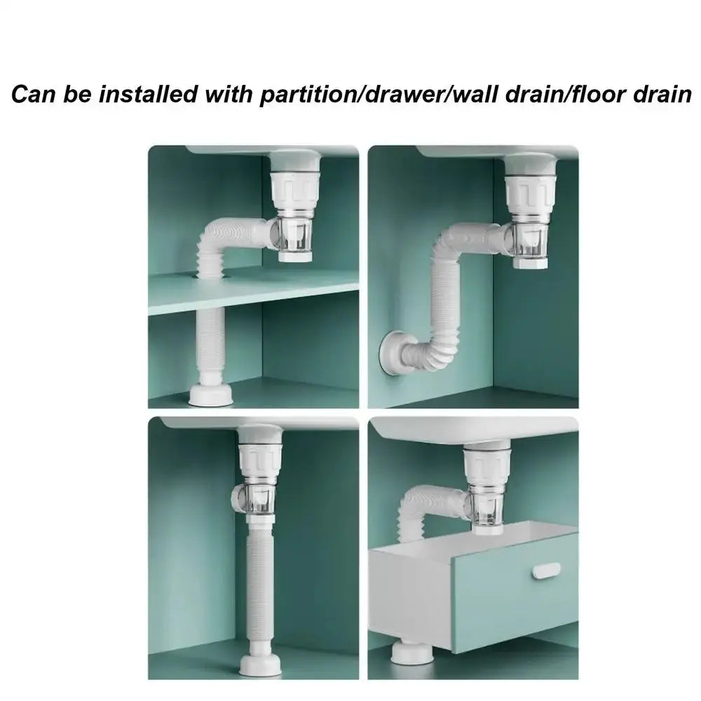 Retractable anti-odor drain pipe with flip-top kitchen sink filter, Simples Market white flexible downspout