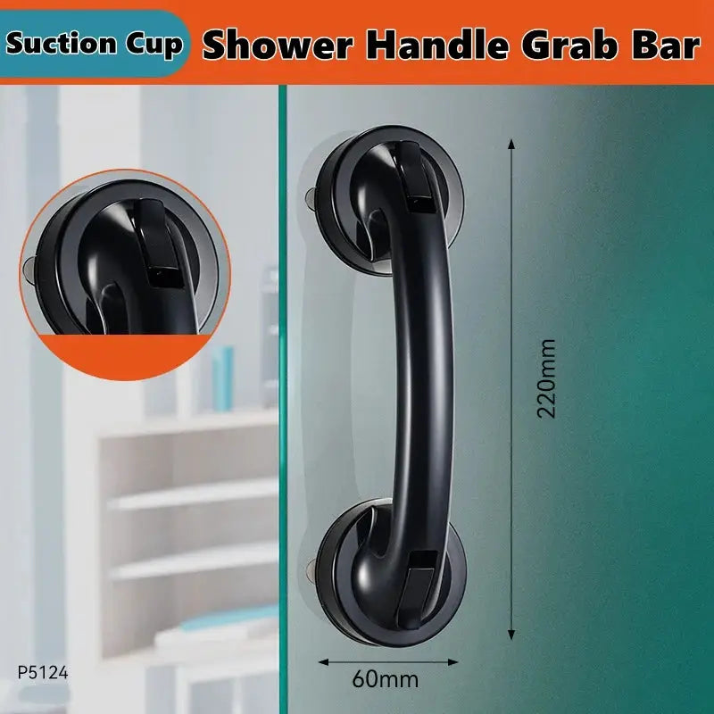 Shower handle grab bar with suction cups, black, 60mm wide by 220mm tall, safety grip for tubs and showers.