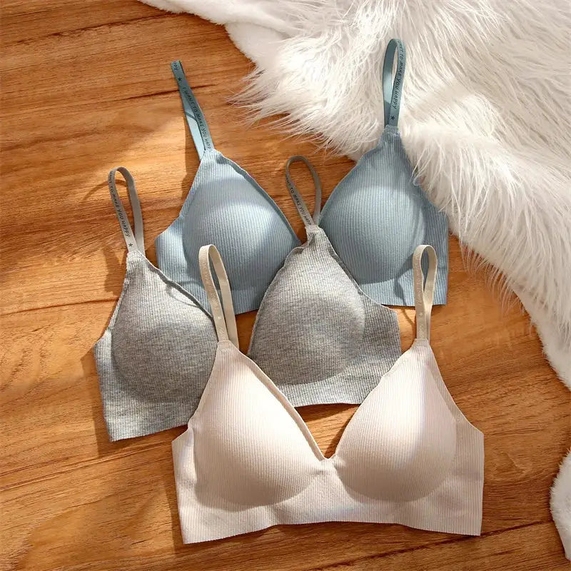 FINETOO wireless padded bralette set; four knitted bras in blue, gray, and beige.