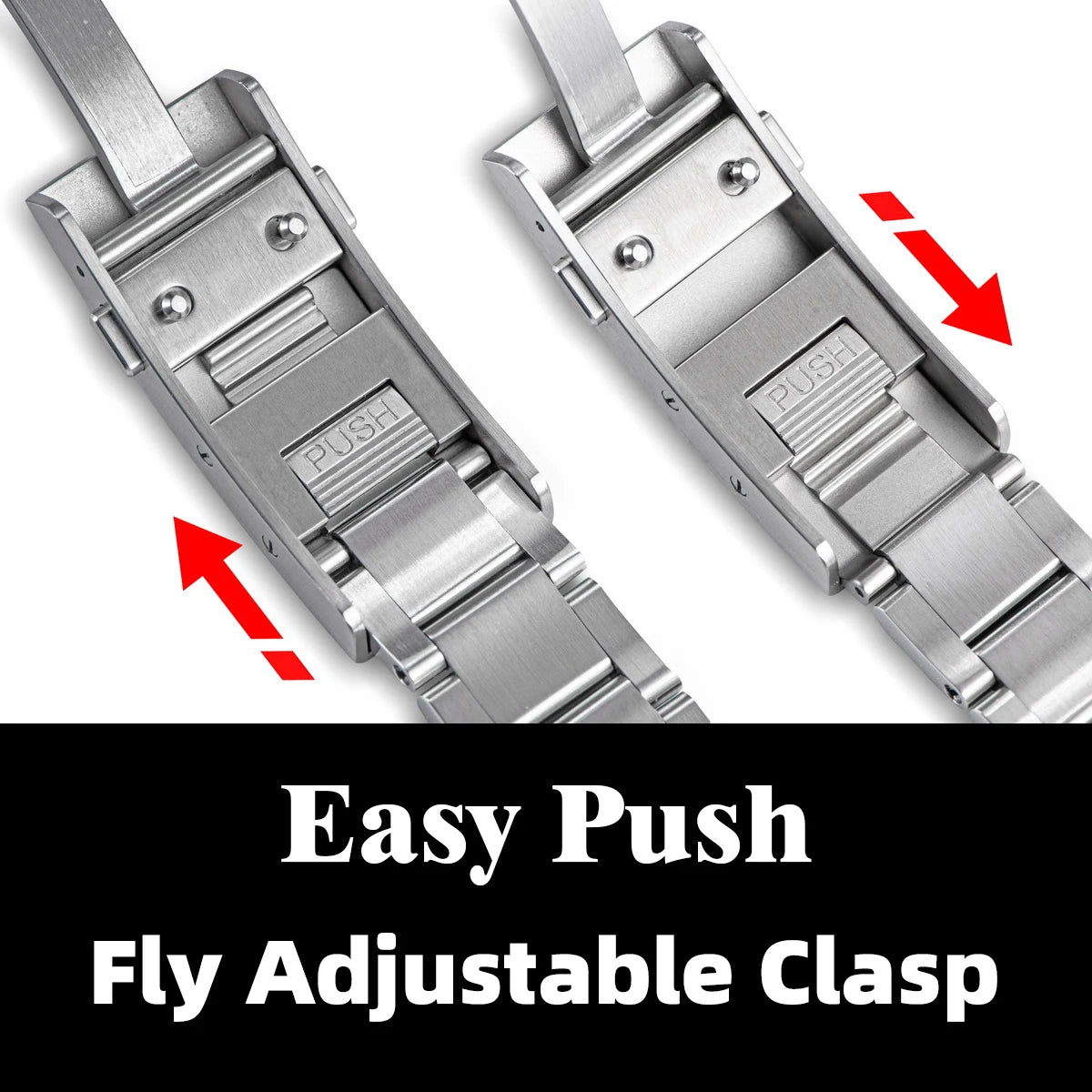 Stainless steel men's watch band with push clasp and easy-push fly adjustable clasp, brushed finish metal links