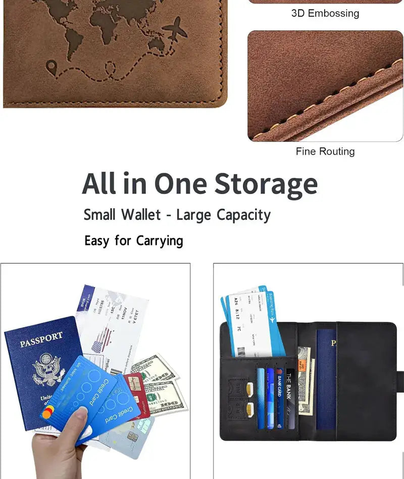 Passport holder by Simples Market in brown leather with world-map embossing and card slots