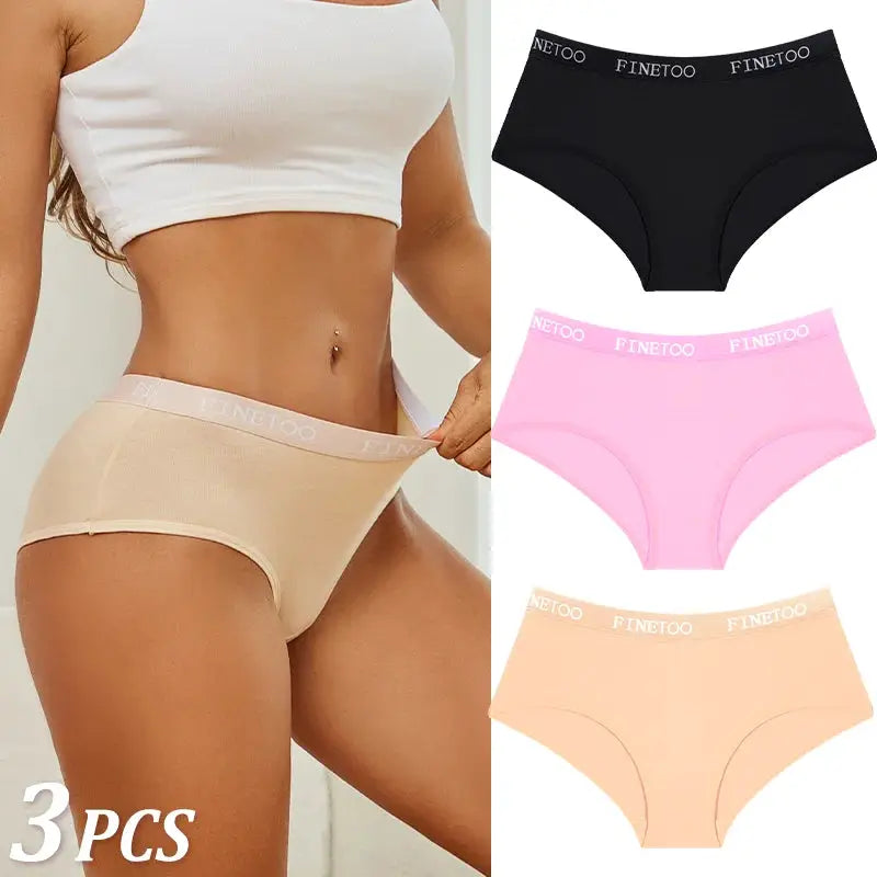 3-pack women's cotton briefs with FINETOO waistband in black, pink and peach; nude worn on model.
