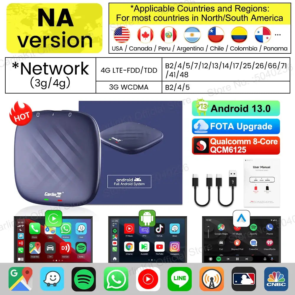 Android Auto wireless CarPlay AI TV box by Carlinkit, Android 13, 8-core QCM6125, 64GB/128GB, Netflix YouTube Play Store