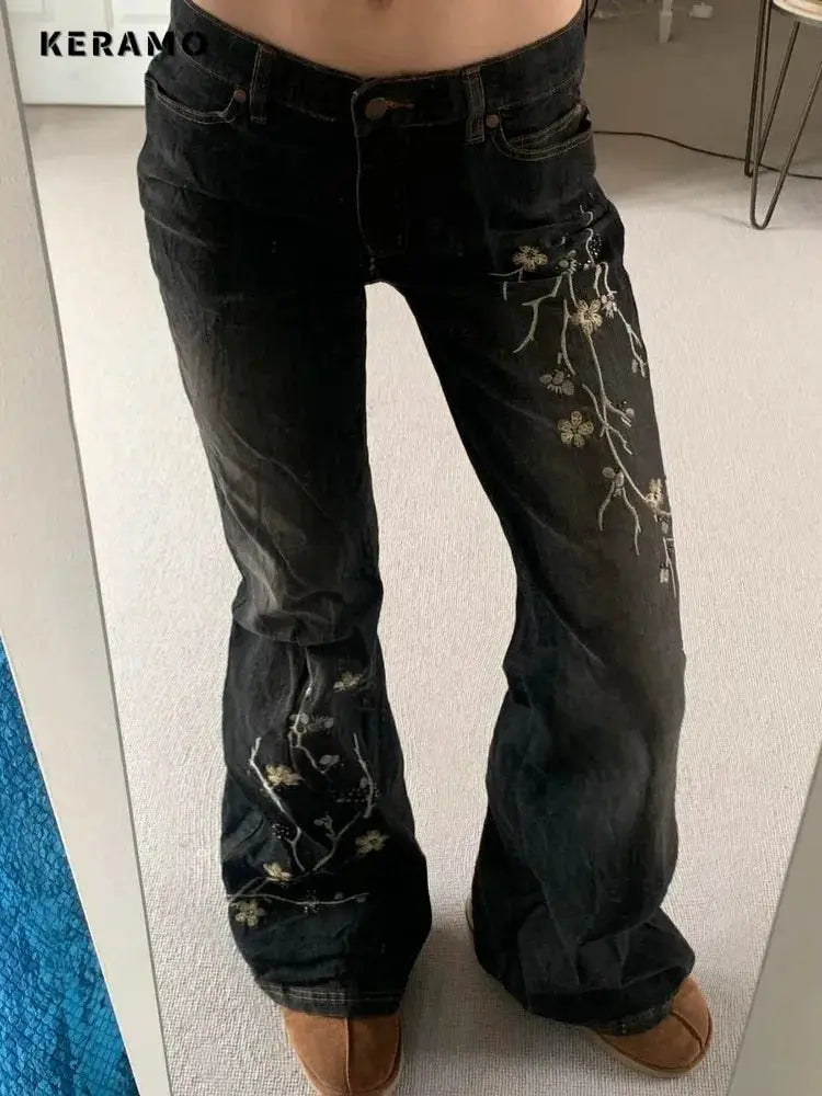 Weekeep Floral Embroidery Jeans Y2K Vintage Low Rise Flared Denim
