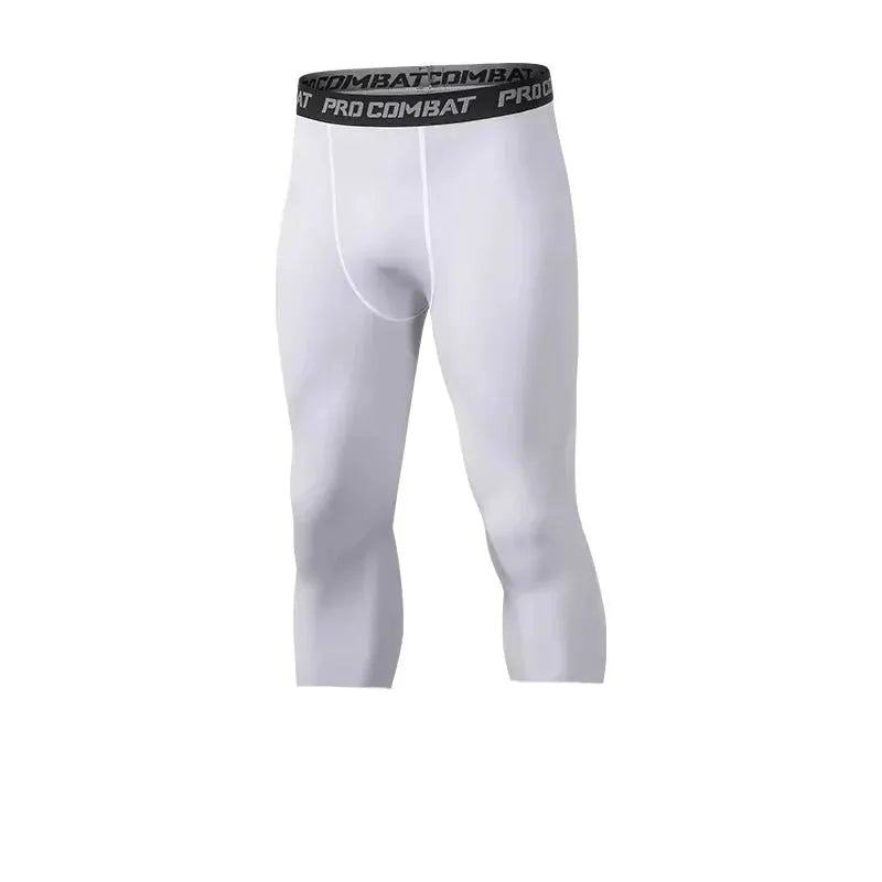 Men's white compression pants with Pro Combat waistband; athletic base-layer leggings