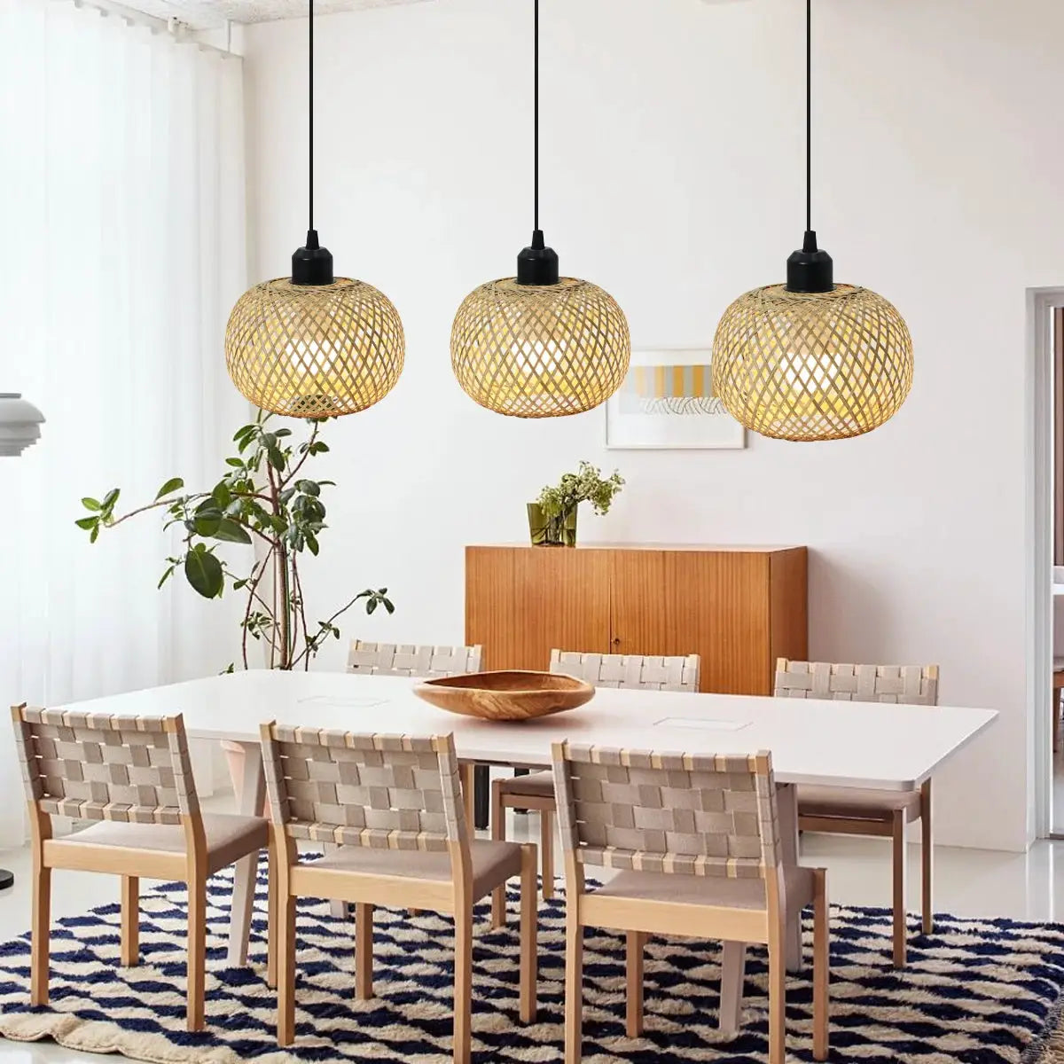 Bamboo pendant lamp natural rattan globe, handwoven lattice, 3 hanging lamps over dining table