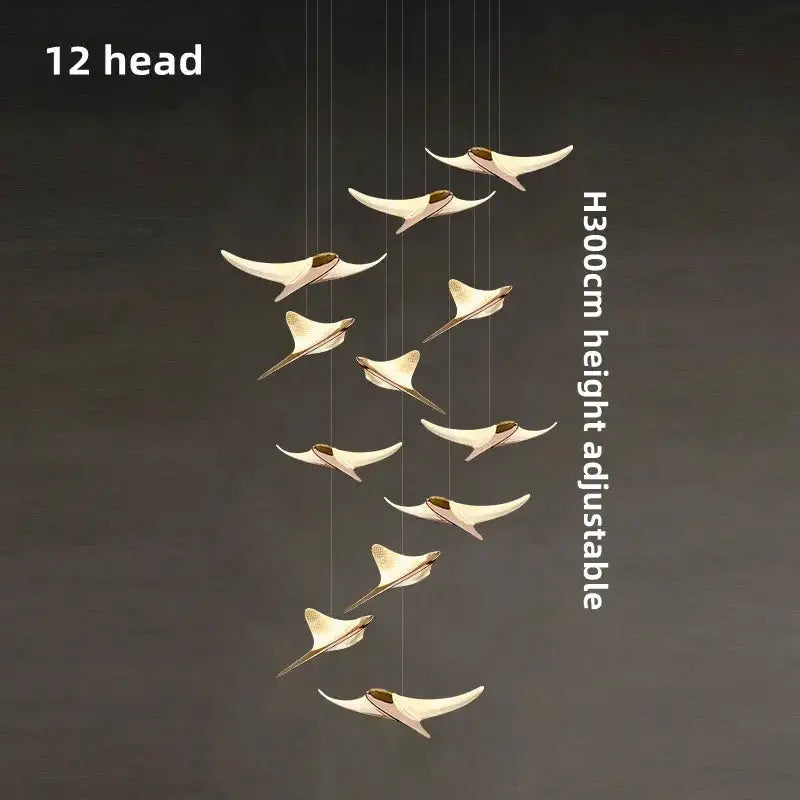 Seagull staircase pendant lamp, 12-head, height-adjustable up to 300 cm, cream leaf-shaped pendants.