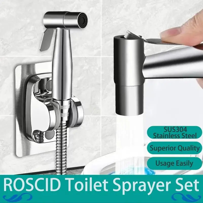 Simples Market bidet sprayer kit with 1.5m hose and wall-mounted holder, stainless steel finish, includes 3-way diverter