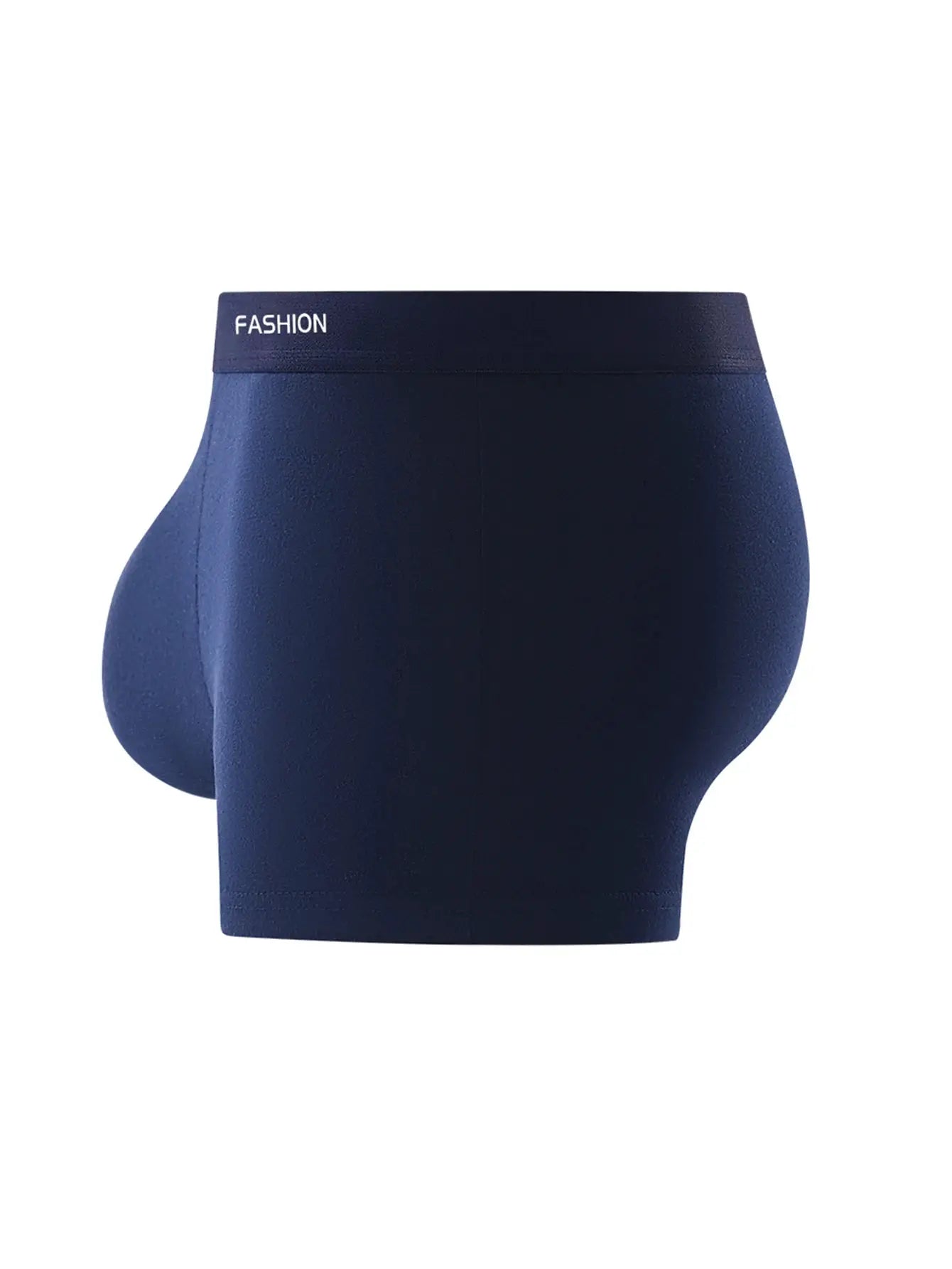 Boxer underwear, navy blue, soft breathable fabric with branded waistband reading FASHION