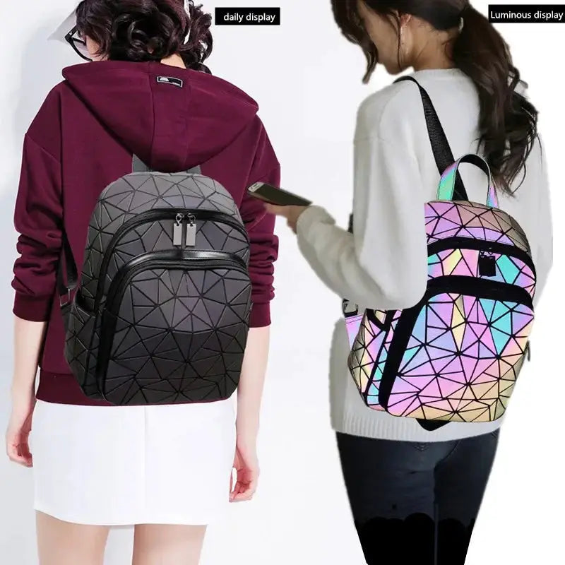 Fashion women's luminous PVC holographic backpack; geometric triangles in gray-black and pastel rainbow (2 shown)