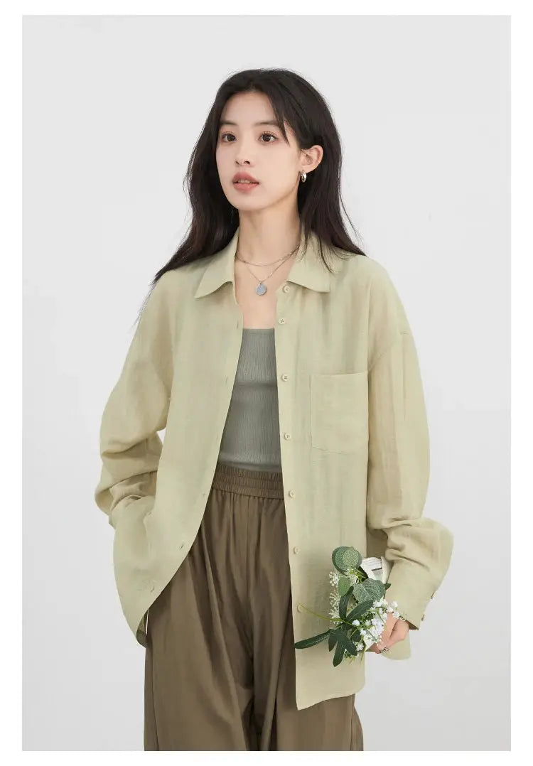 CHIC VEN beige long-sleeve women's shirt with front chest pocket by Simples Market