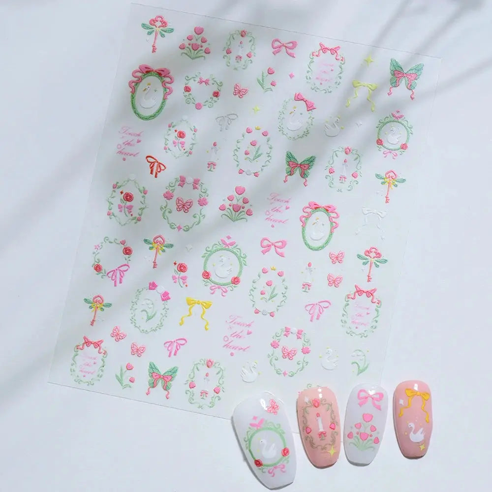 Nail decal sheet with pastel 5D macaron flower/fruit stickers featuring bears, rabbits, bows; summer manicure decor.