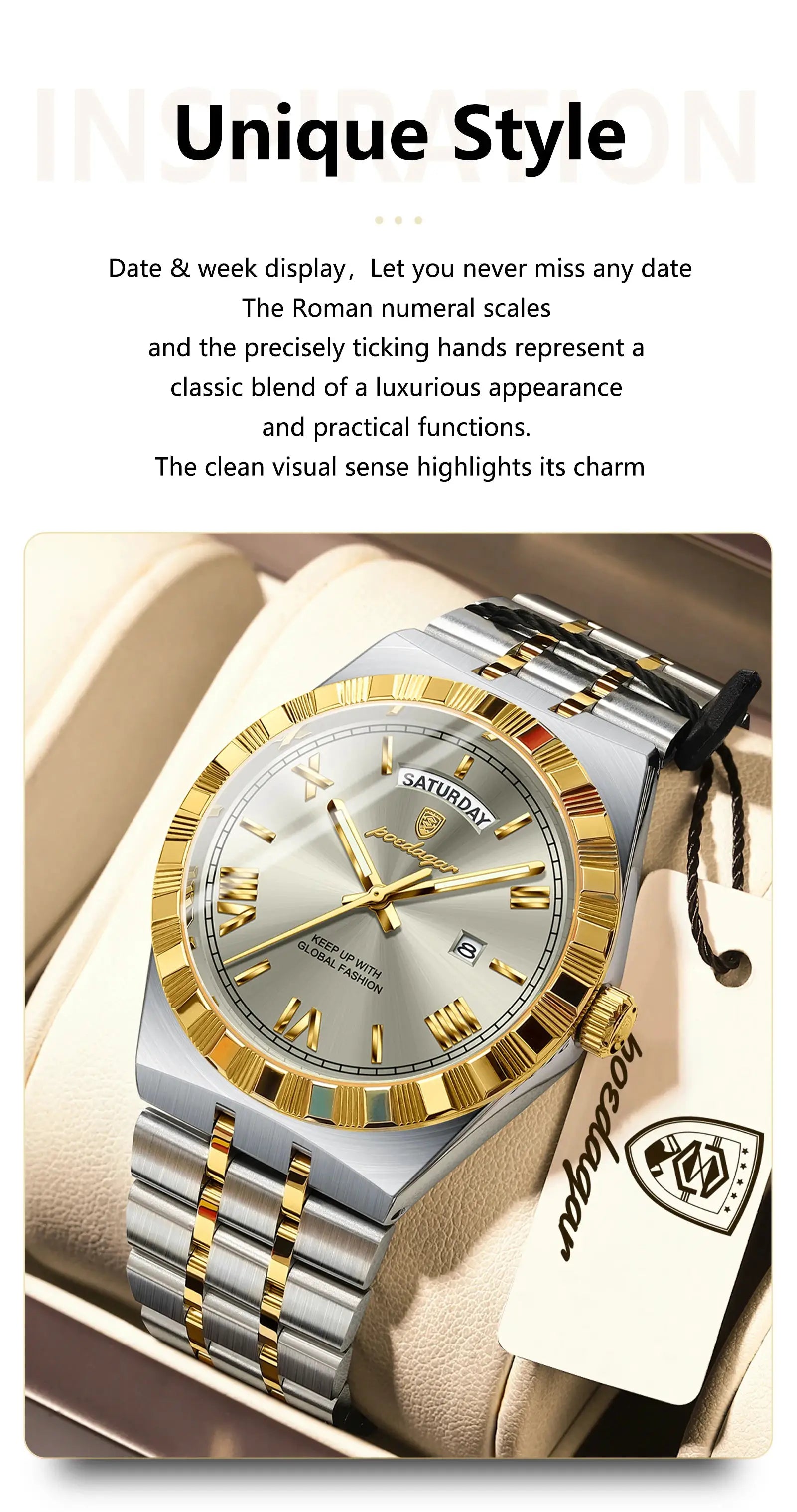 POEDAGAR men's two-tone stainless steel wristwatch with gold bezel, day/date display