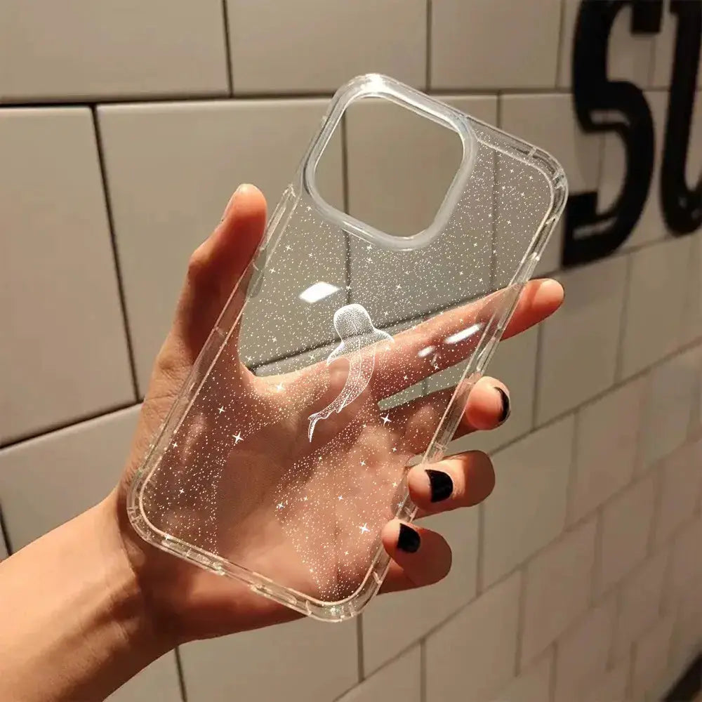 Phone case for iPhone, transparent glitter case with ocean-themed design.