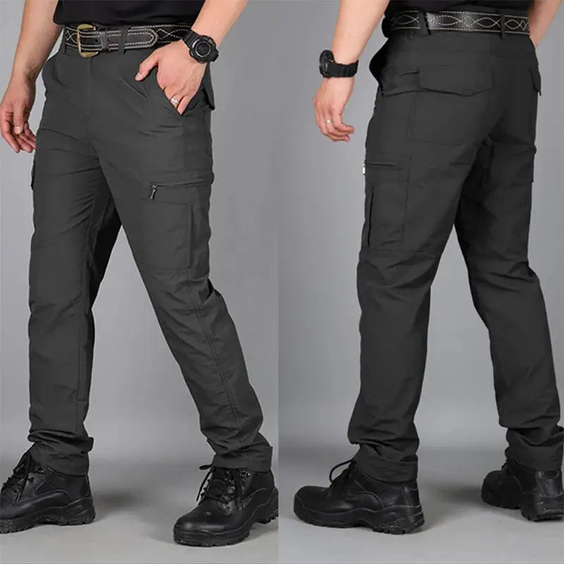 Summer men's quick-drying outdoor pants in charcoal gray with cargo pockets and zip pocket, waterproof mountaineering trousers, size Large