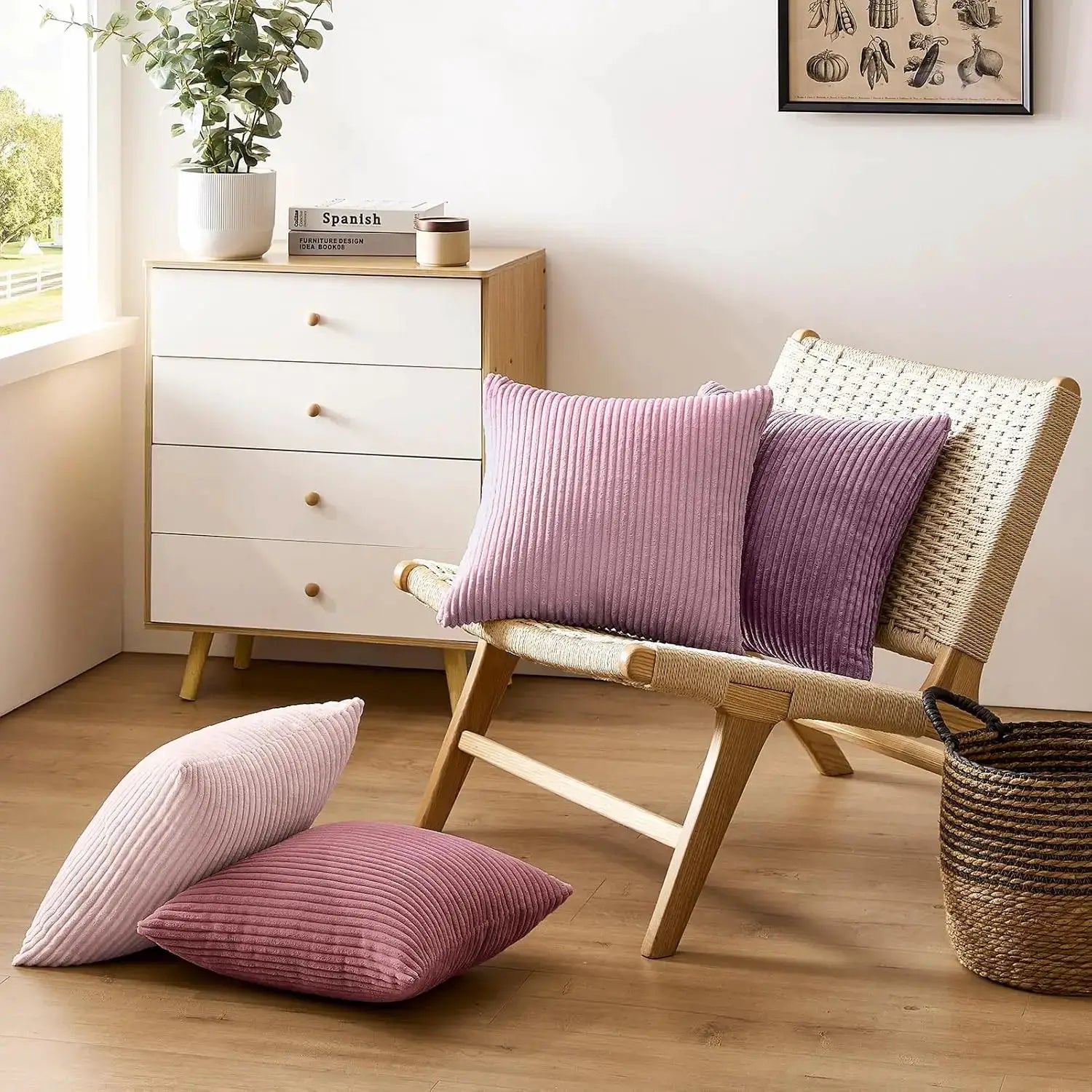 Pillow covers set of 4 in lilac pink corduroy striped; Simples Market for couch, sofa or bedroom decor