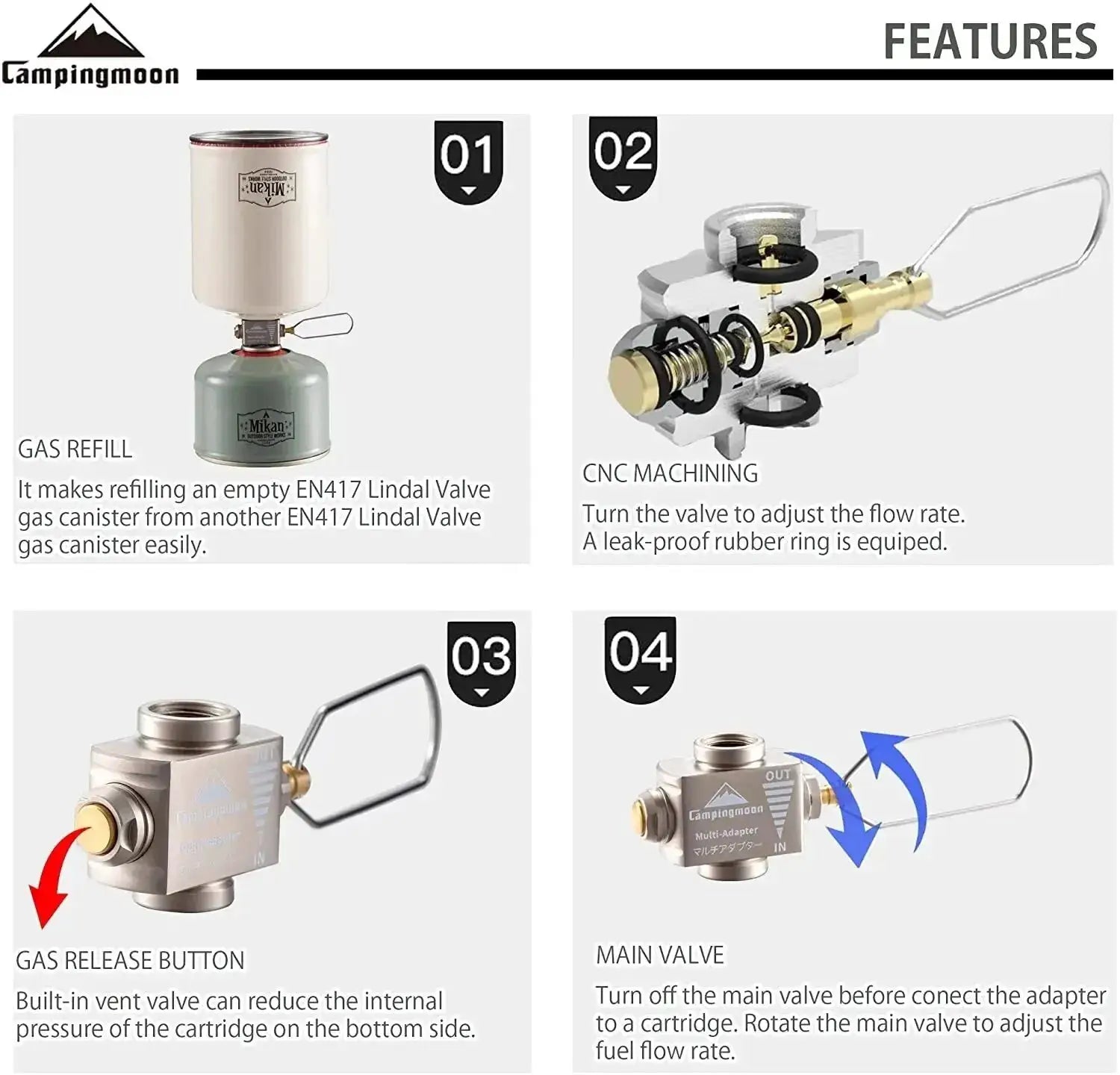 CampingMoon Z15 gas tank multi-adapter with pressure-relief valve, CNC-machined design