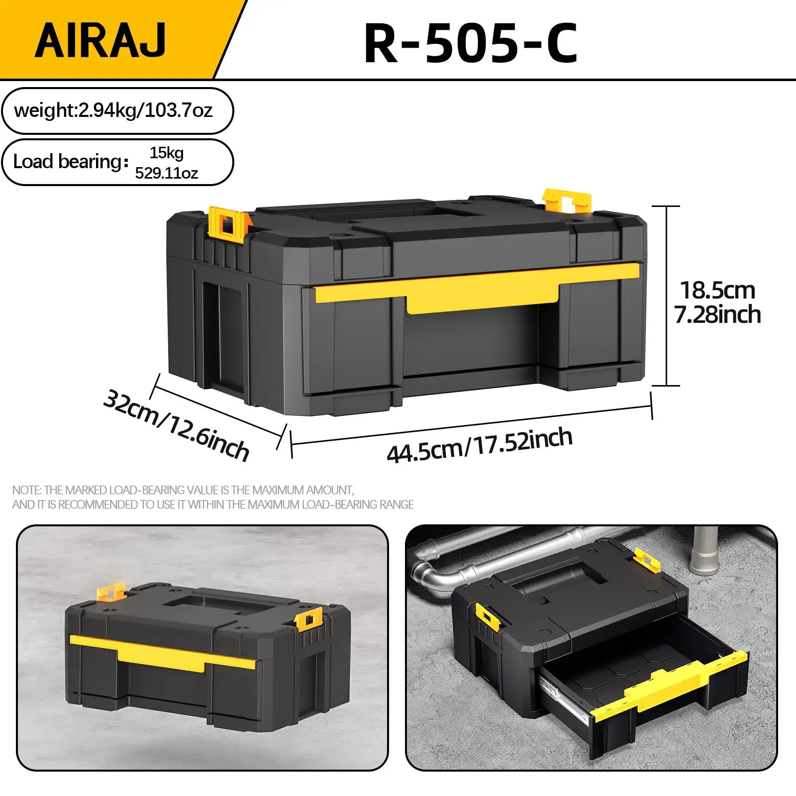 AIRAJ stackable modular toolbox in black with yellow latches and handle for portable storage