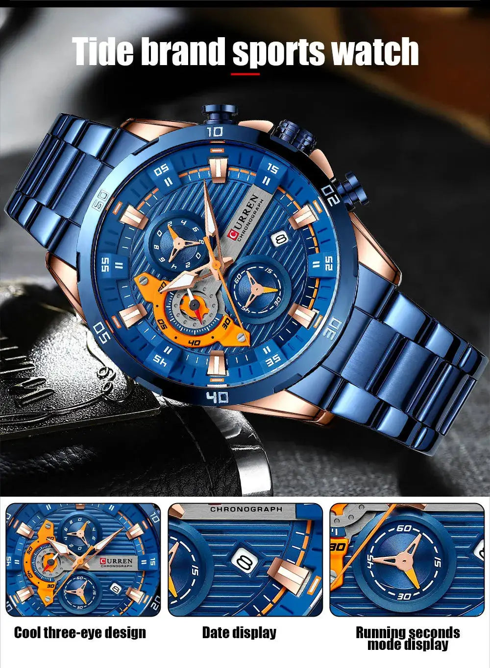 Curren 8402 men's stainless steel chronograph wristwatch with blue luminous dial
