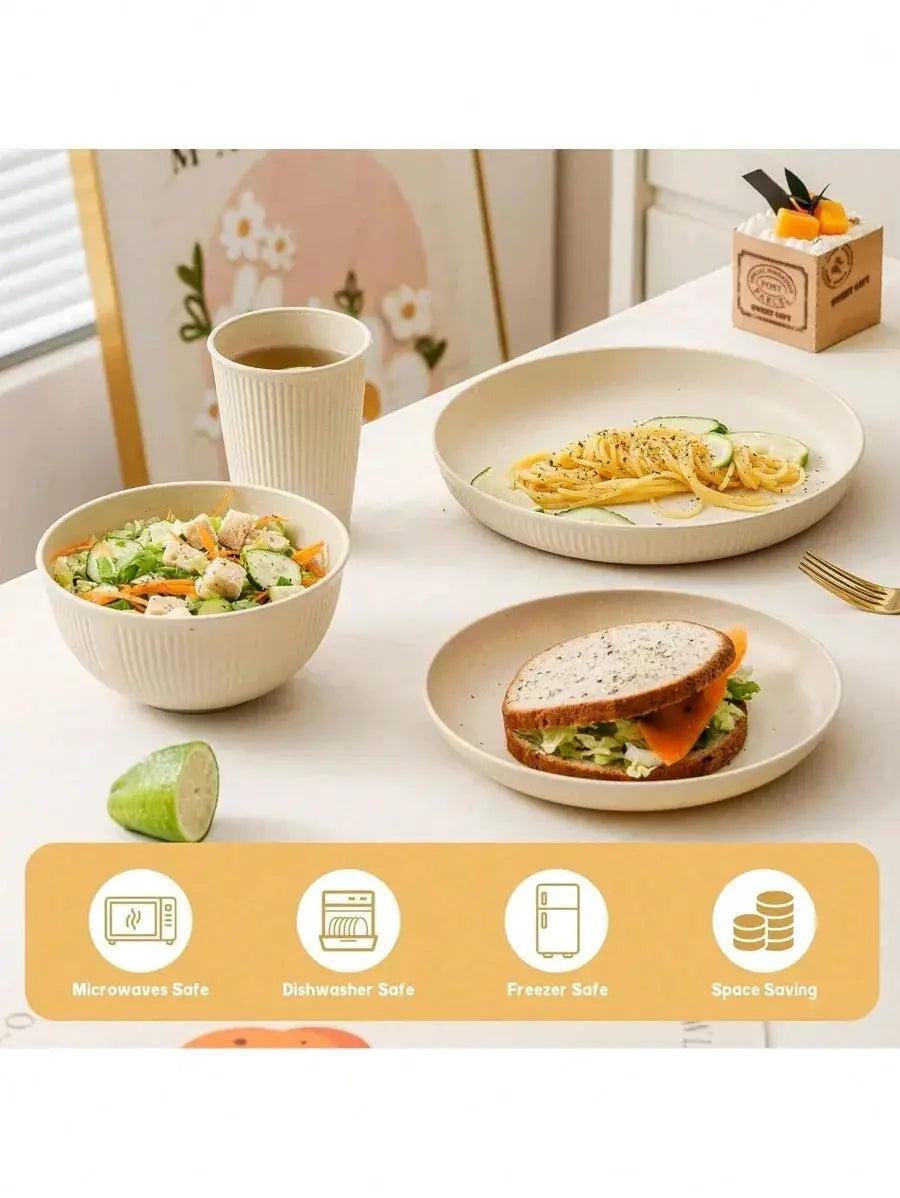 Beige Plastic Dinnerware Set 4 16 24 Pieces Reusable Cup Plate Bowl Kit For Camper Camping Picnic Dormitory