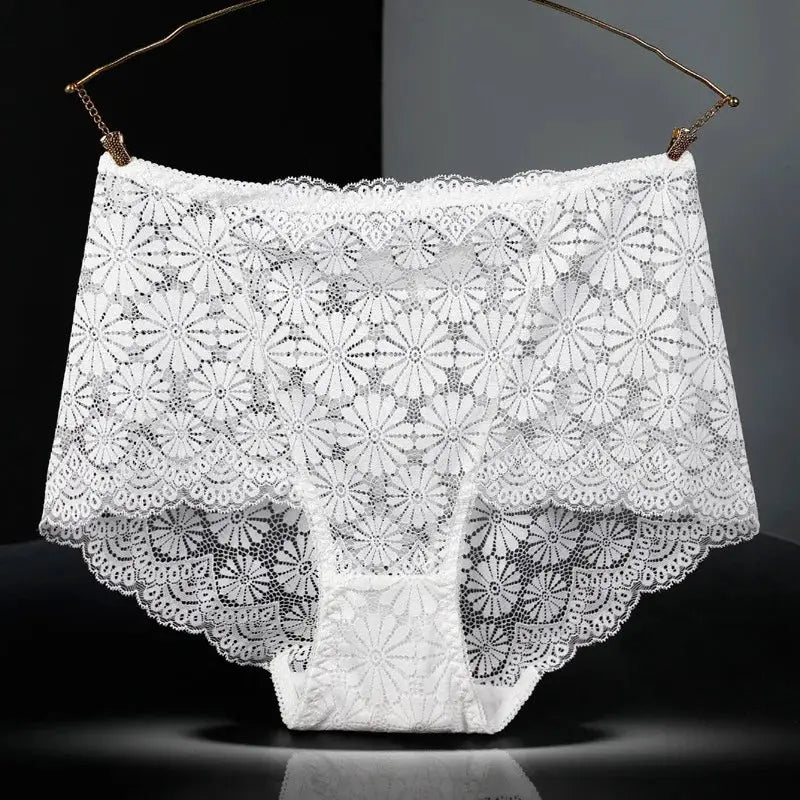 Women's white lace high-waisted underwear with floral hollow-out pattern by Simples Market