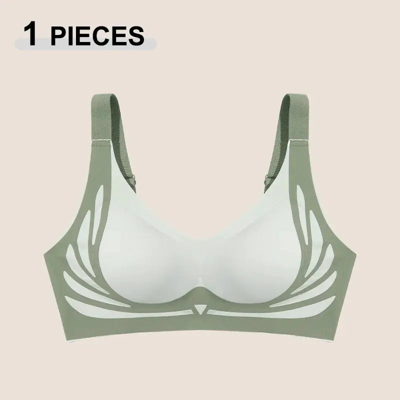 Push-up bra by Simples Market, seamless wireless with green angel-wing cutouts and white cups, 1 piece