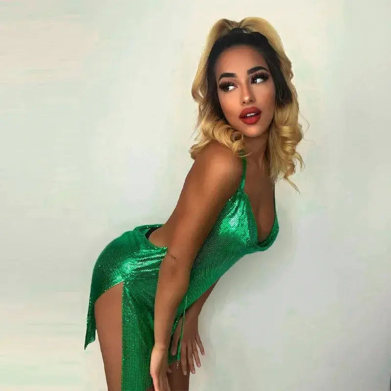Glamora Hanging Neck Backless Sequin Short Dress for Party Nights and Dance Events