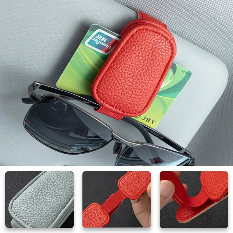 BLALION red PU leather car sun visor clip for sunglasses and cards by Simples Market
