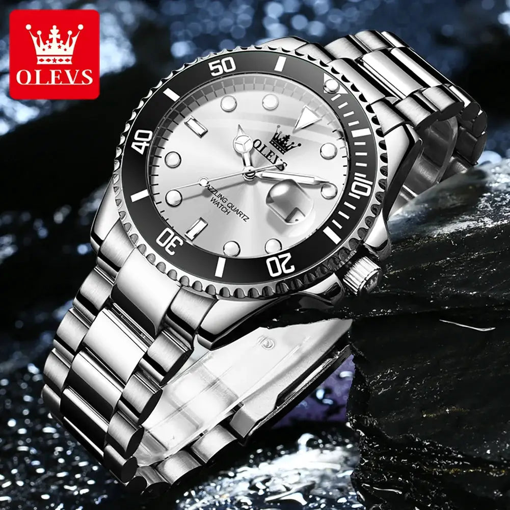 OLEVS men's stainless steel diving quartz watch with black bezel, luminous dial, and date window