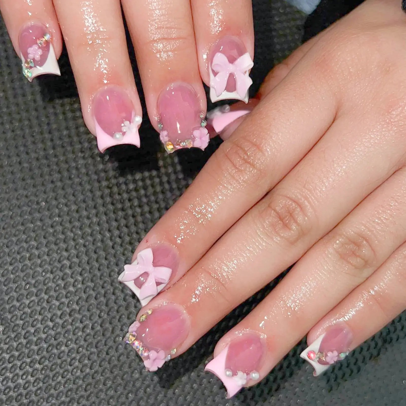 LuxeNail Blush Pink False Nails Bowknot Diamond Pearl Design Press On Nail Tips Harmless Smooth Edge Safe DIY Mani