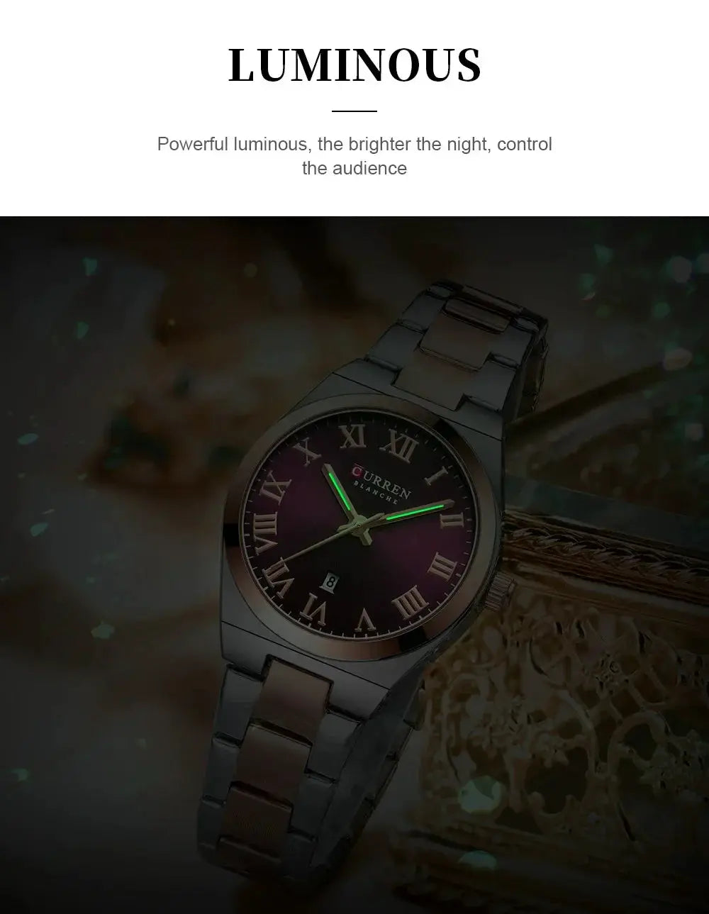 CURREN women's wristwatch with stainless steel bracelet, purple dial, Roman numerals, date and luminous hands