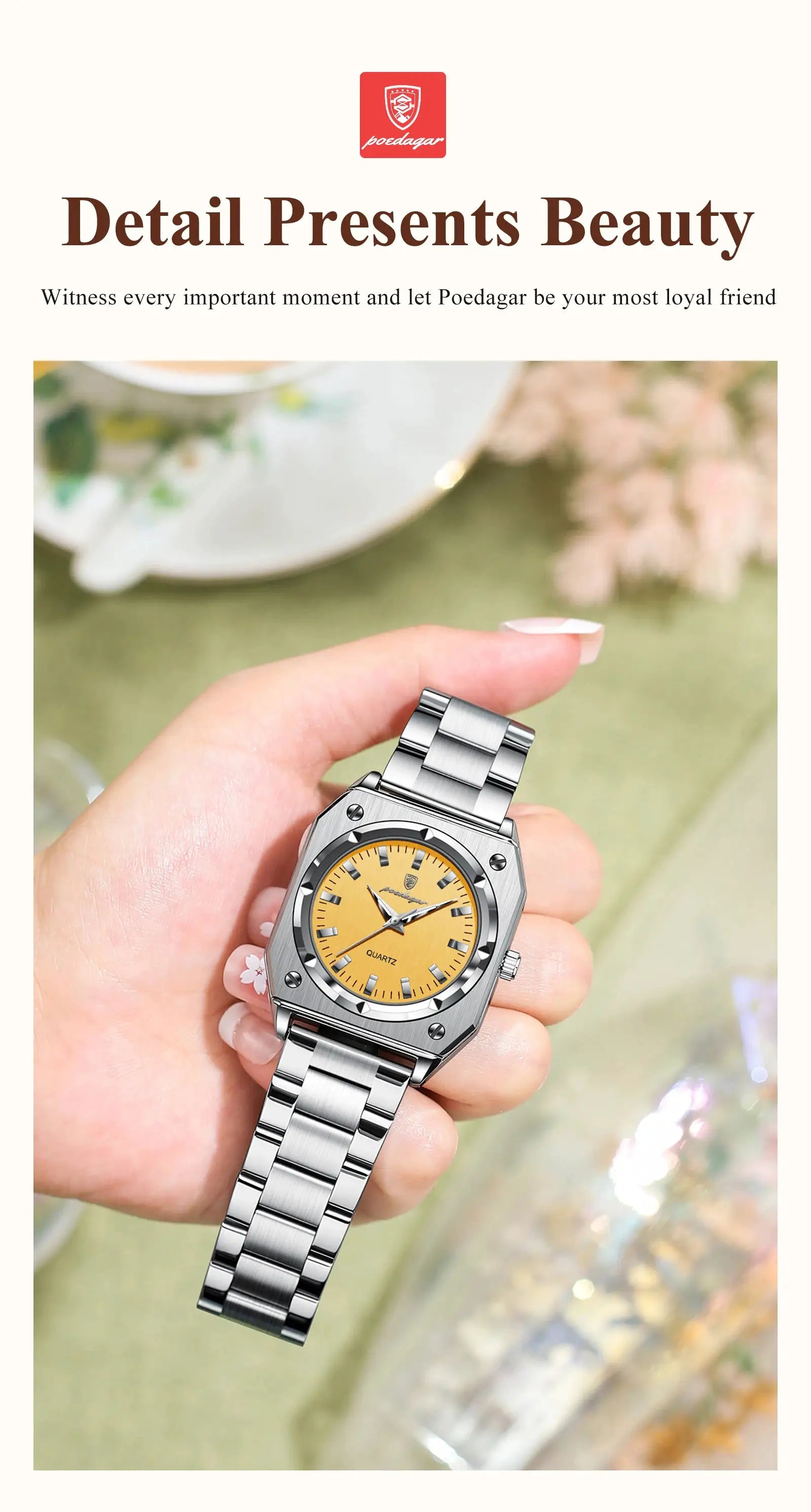 POEDAGAR stainless steel ladies wristwatch with yellow dial, waterproof quartz, luminous hands