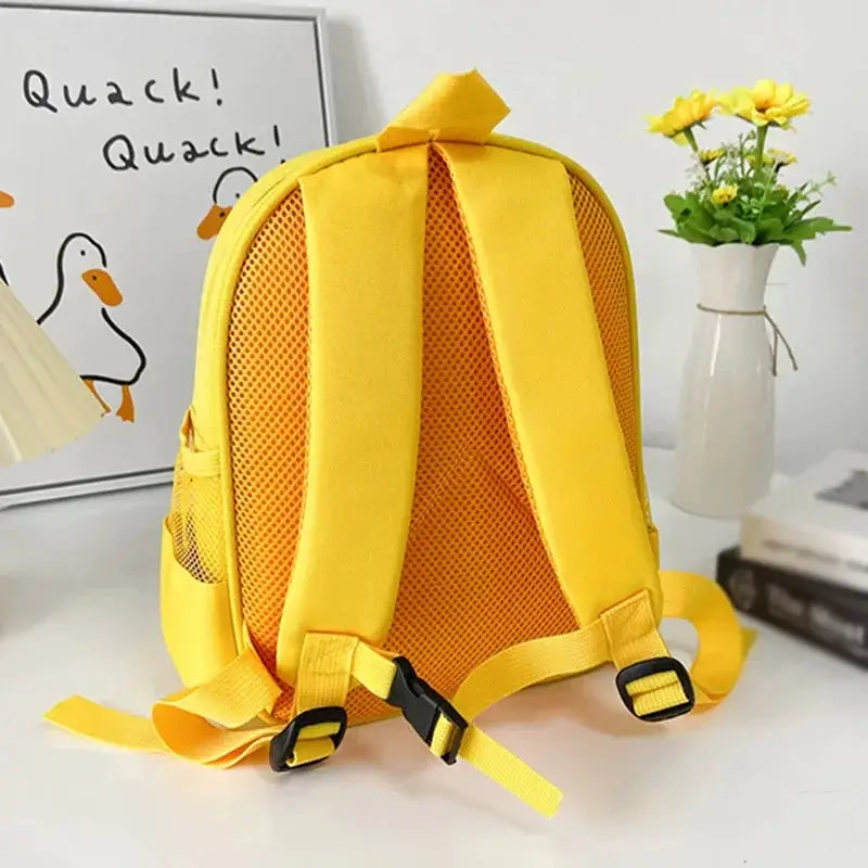 Yellow kids' school backpack with padded straps, mesh back and side pocket