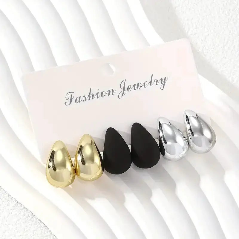 Teardrop stud earring set with 6 pieces in gold-tone, matte black, and silver finishes
