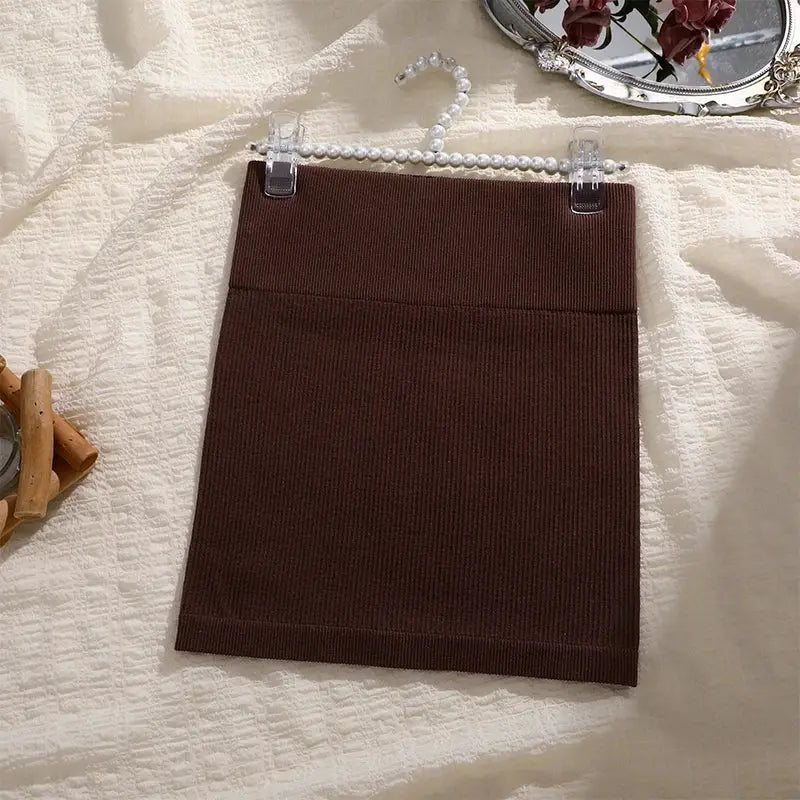Mini skirt, brown knitted, high-waist with elastic band for professional workwear