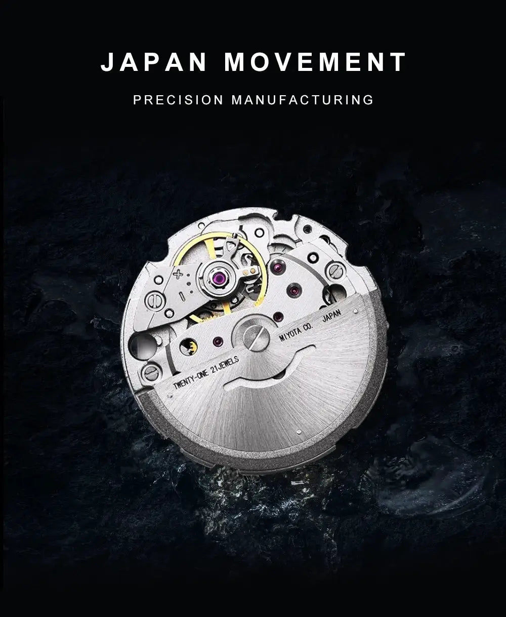 CADISEN diver men's watch movement, silver metal with visible gears, Japan movement precision manufacturing.