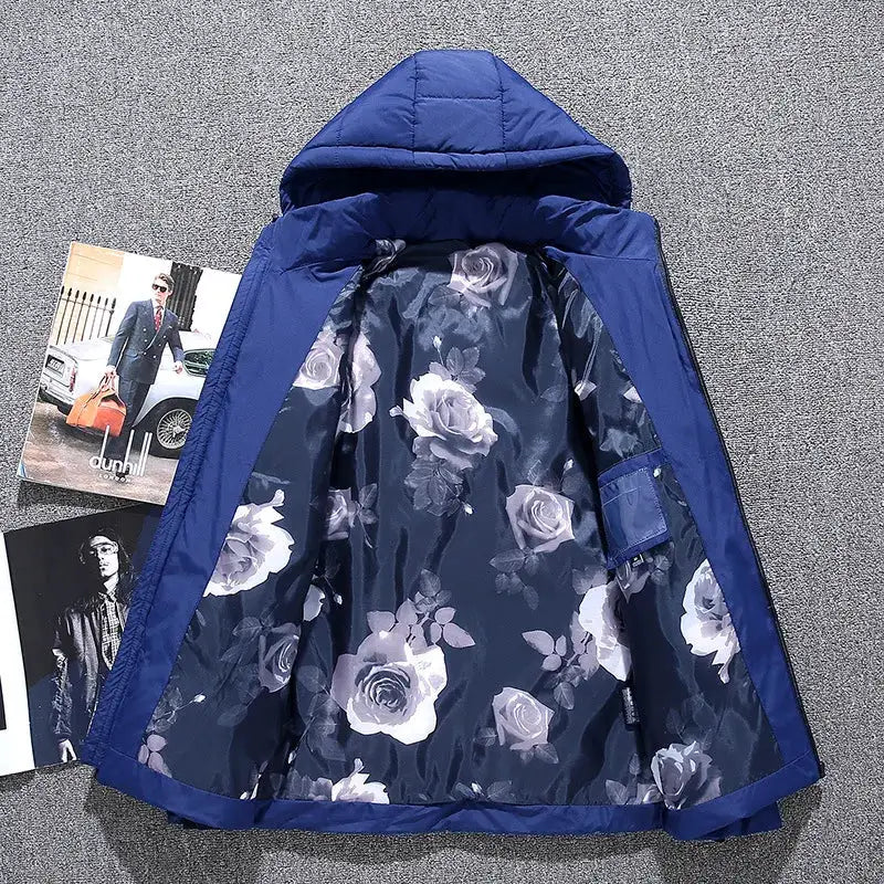Blue hooded men's down jacket with floral inner lining and oversized fit.