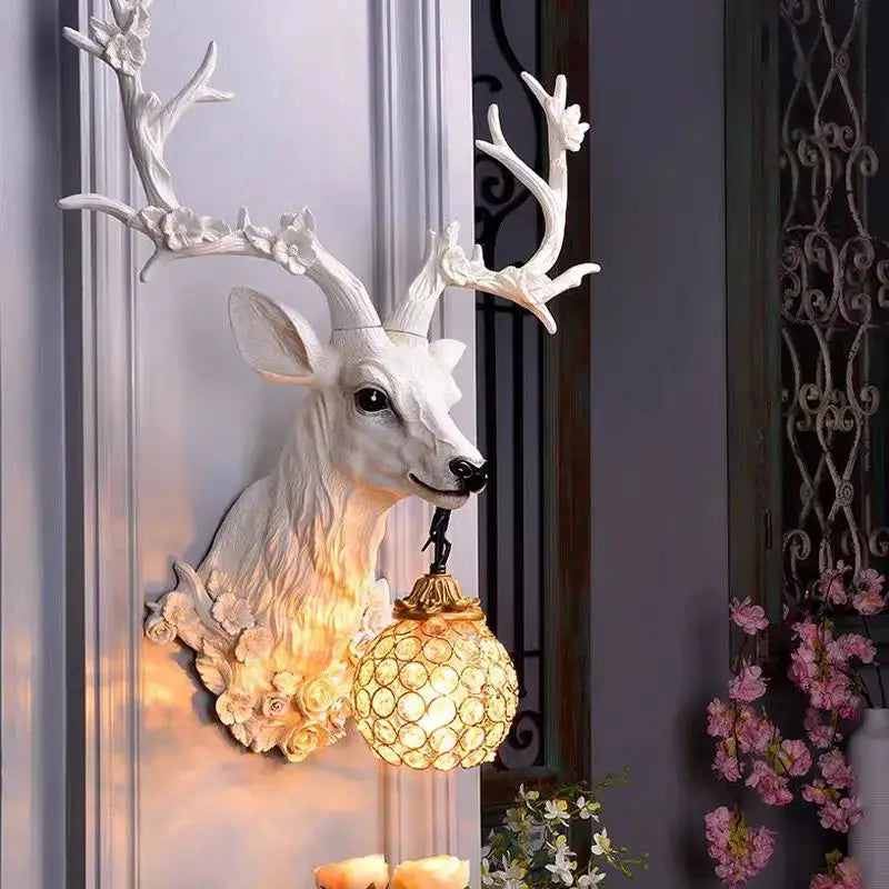 Simples Market Lucky Deer resin wall lamp with white deer head and honeycomb globe bulb