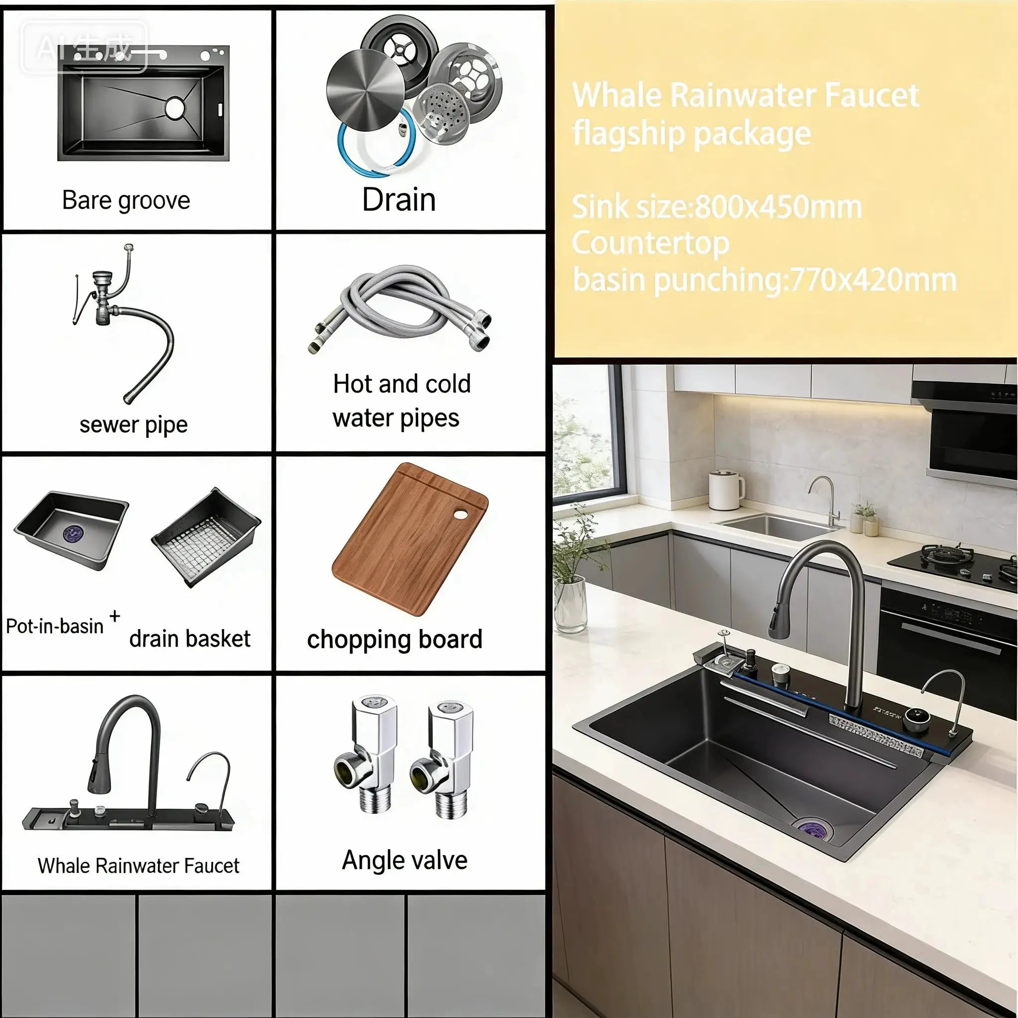 Stainless steel waterfall kitchen sink by Simples Market with left-side drainage and large single basin.