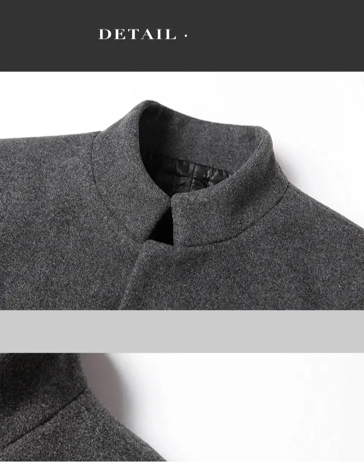 Men's gray wool trench coat with stand collar, business casual style.