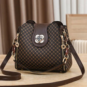 Simples Market women's crossbody handbag in dark brown check print with gold-tone hardware and leather trim