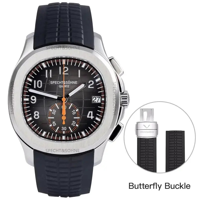 Specht & Söhne New Classic 5167 watch with stainless case, black dial, orange hands, blue rubber strap