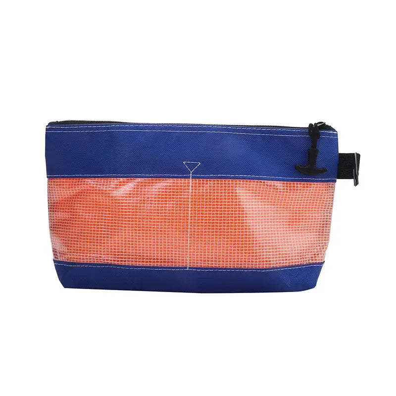 Transparent PVC waterproof organizer pouch by Simples Market with orange mesh panel and blue trim