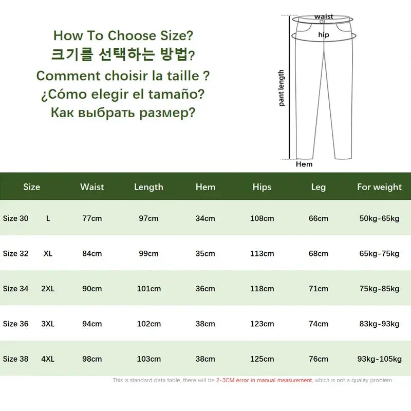 Men's pure cotton cargo pants size chart with multi-language fit guide; waist, length, hip, hem, leg measurements (sizes 30–38)