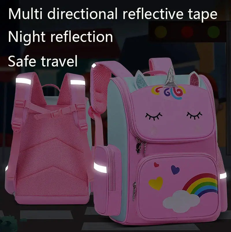 Kids pink unicorn backpack with large capacity, rainbow cloud accents and reflective straps