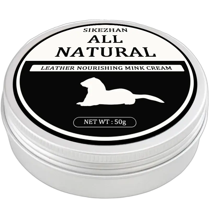 Leather mink cream tin by SIKEZHAN, all-natural leather nourishment, 50 g, black label with white mink silhouette