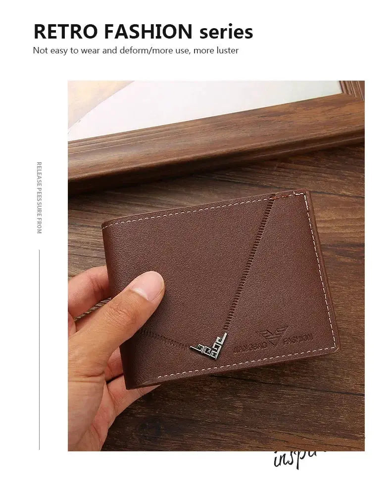 Slim leather wallet for men by Simples Market; brown with diagonal stitch detail.