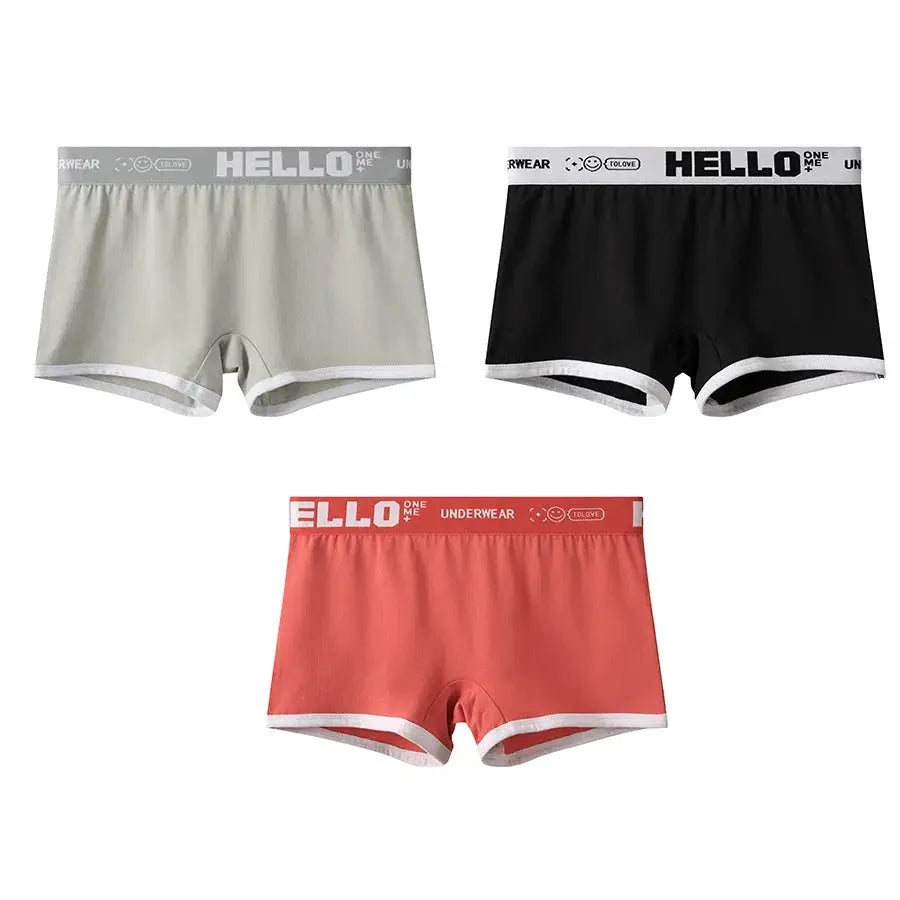 3-pack women's cotton boyshorts underwear set in grey, black and coral with white trim